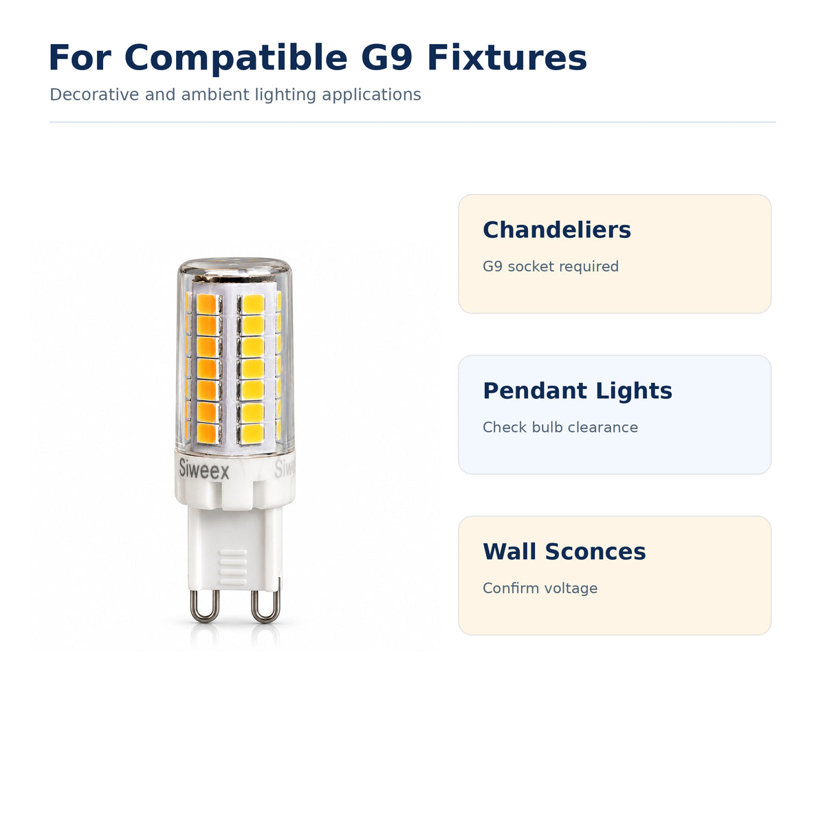 Siweex G9 LED Light Bulb, 24 SMD 2835 LED Chips, 120V, Ceramic Base, Clear Cover, Compact G9 Bi-Pin Bulb for Chandeliers, Pendant Lights and Decorative Fixtures