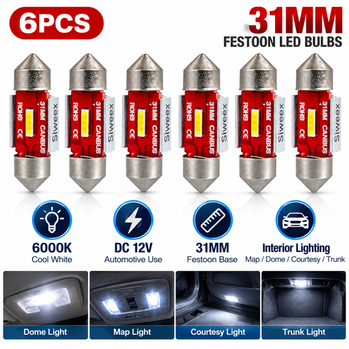 Siweex 6PCS 31mm Festoon LED Bulbs, 12V 6000K Cool White, High Power LED Chips, Double Ended LED Replacement Bulbs for Car Interior Dome, Map, Courtesy and Trunk Lights