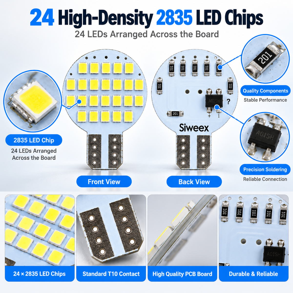 Siweex 24-SMD 2835 T10 LED Bulb – 6000K White, DC 12V - Pack of 10