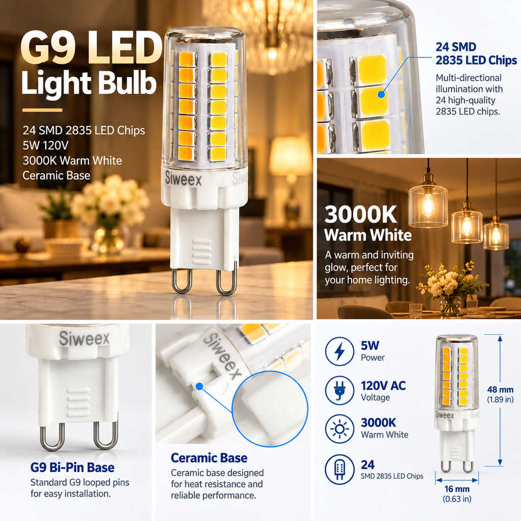 Siweex G9 LED Light Bulb, 24 SMD 2835 LED Chips, 120V, Ceramic Base, Clear Cover, Compact G9 Bi-Pin Bulb for Chandeliers, Pendant Lights and Decorative Fixtures