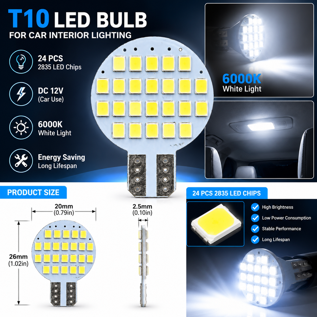 Siweex 24-SMD 2835 T10 LED Bulb – 6000K White, DC 12V - Pack of 10